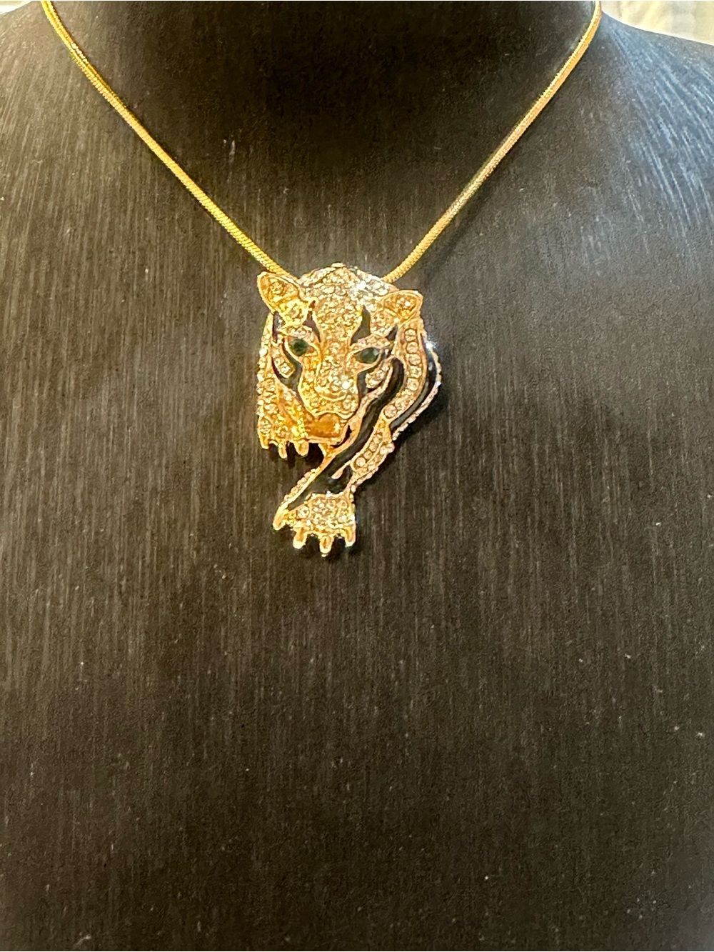 Gold Tone Rhinestone Tiger Pendant Brooch Convertible Necklace Stainless Chain
